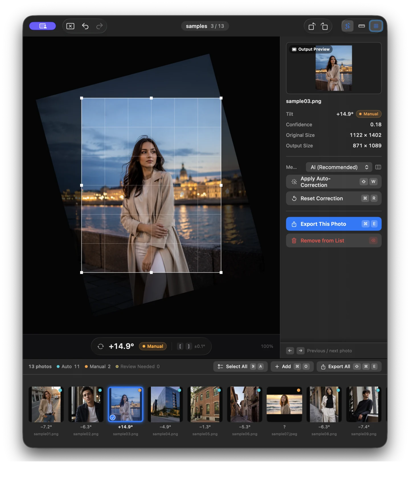 Suihei showing the crop preview on a rotated evening portrait.