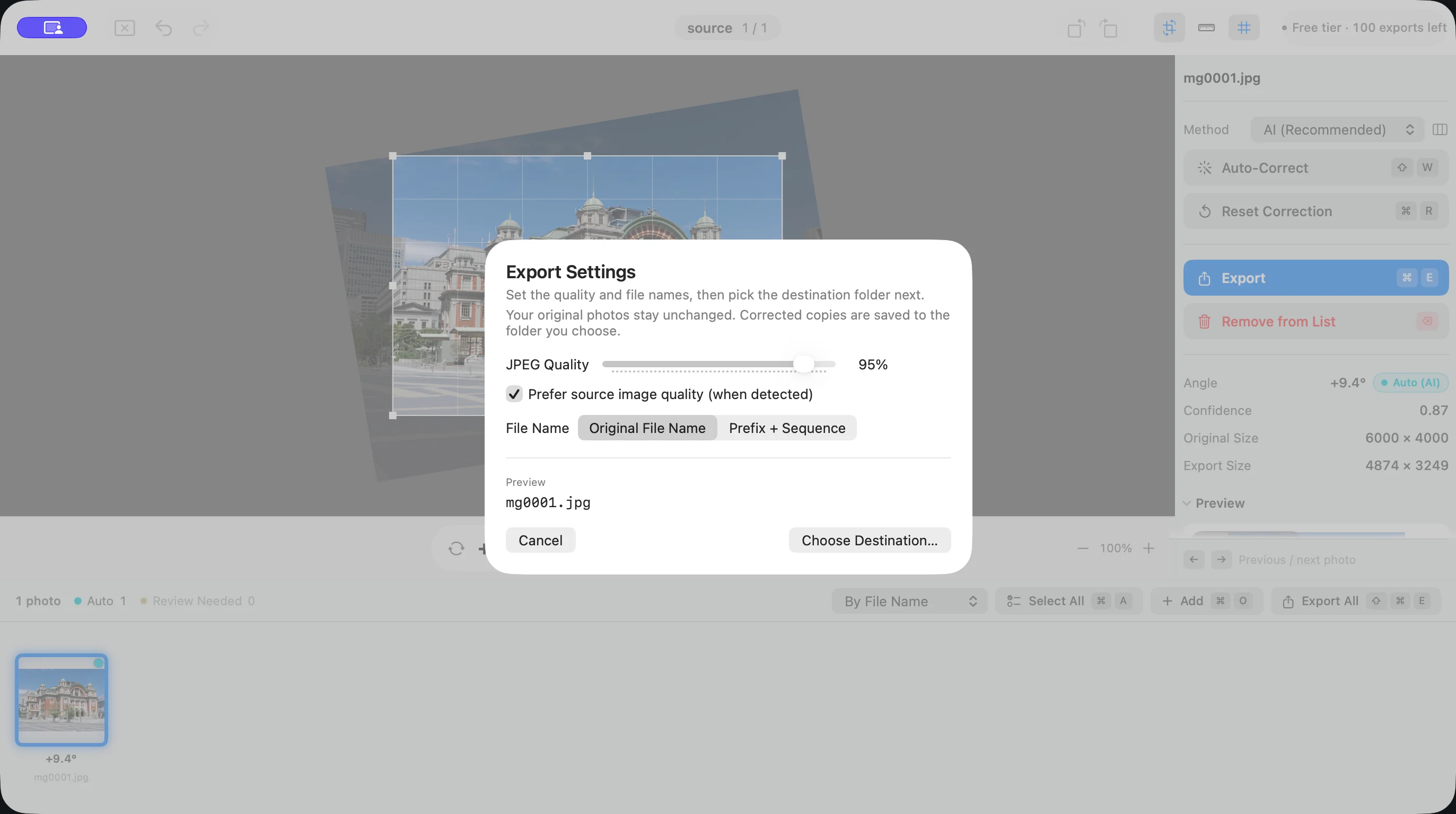 Suihei export settings for corrected copies.